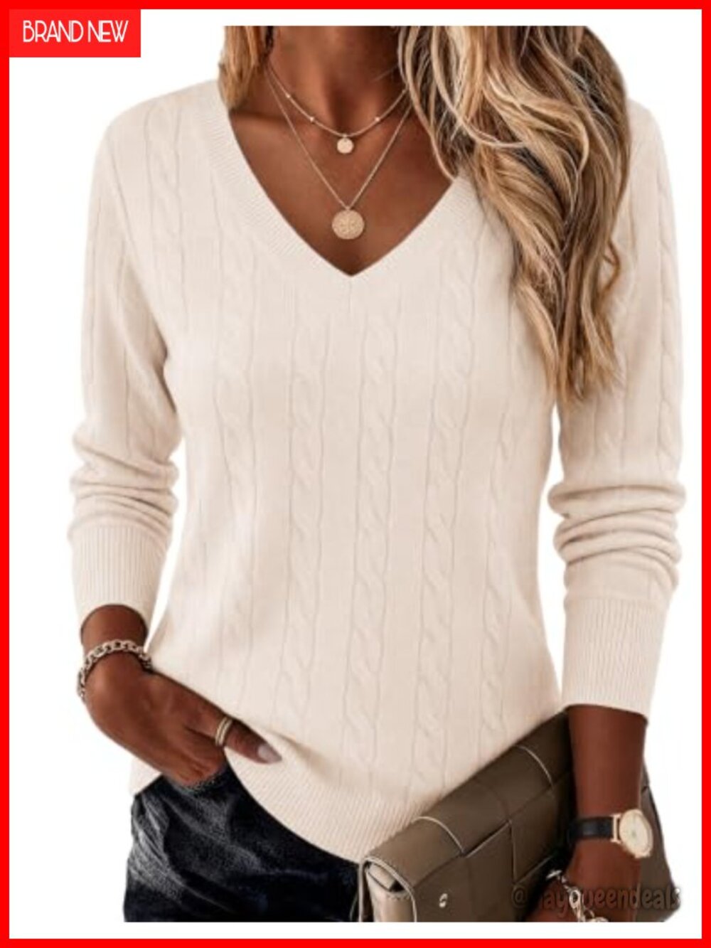 Cable Knit V Neck Sweater Long Sleeve Pullover Soft Lightweight Fall Winter